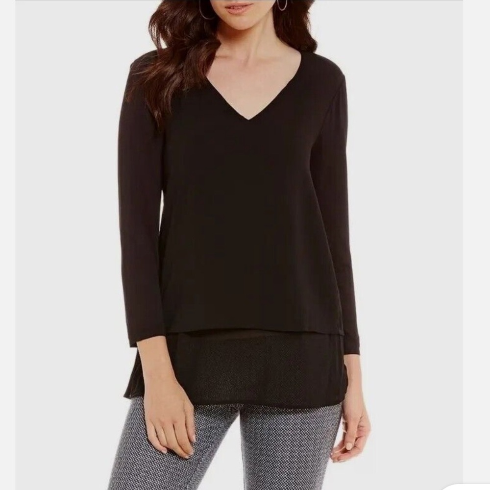 Michael Kors Mixed Woven Knit Layered Hem V-Neck 3/4 Sleeve Top